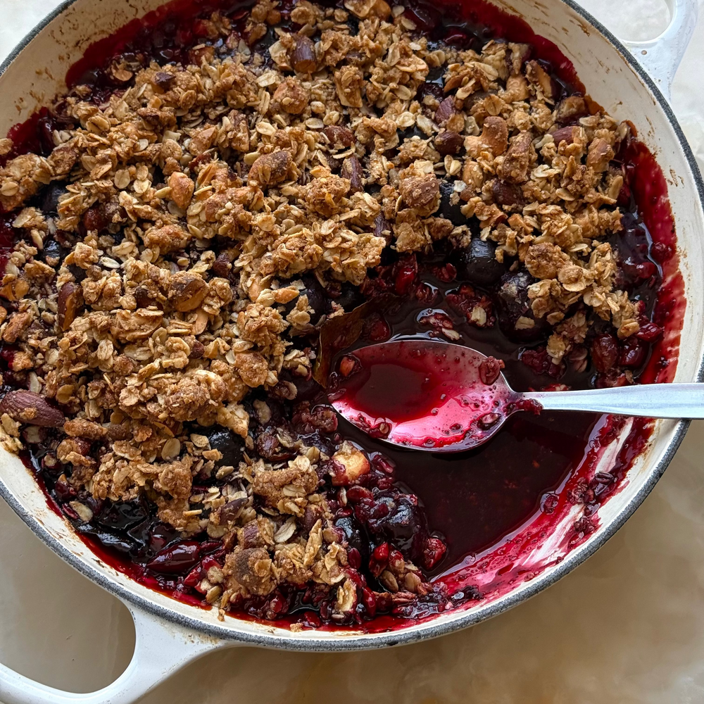 Cherry and lime leaf crumble
