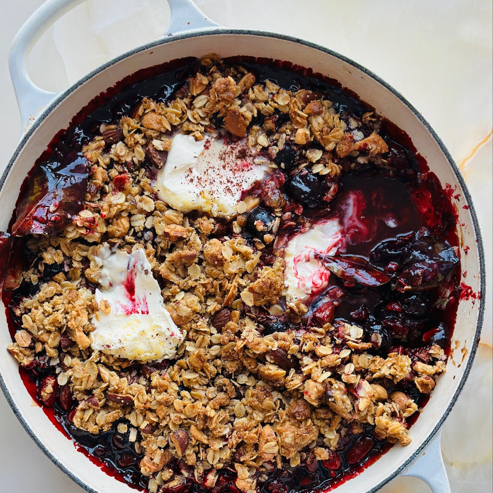 Cherry and lime leaf crumble