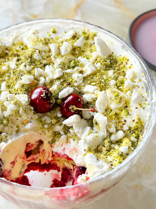 Cherry trifle with pistachio and rosemary crumble