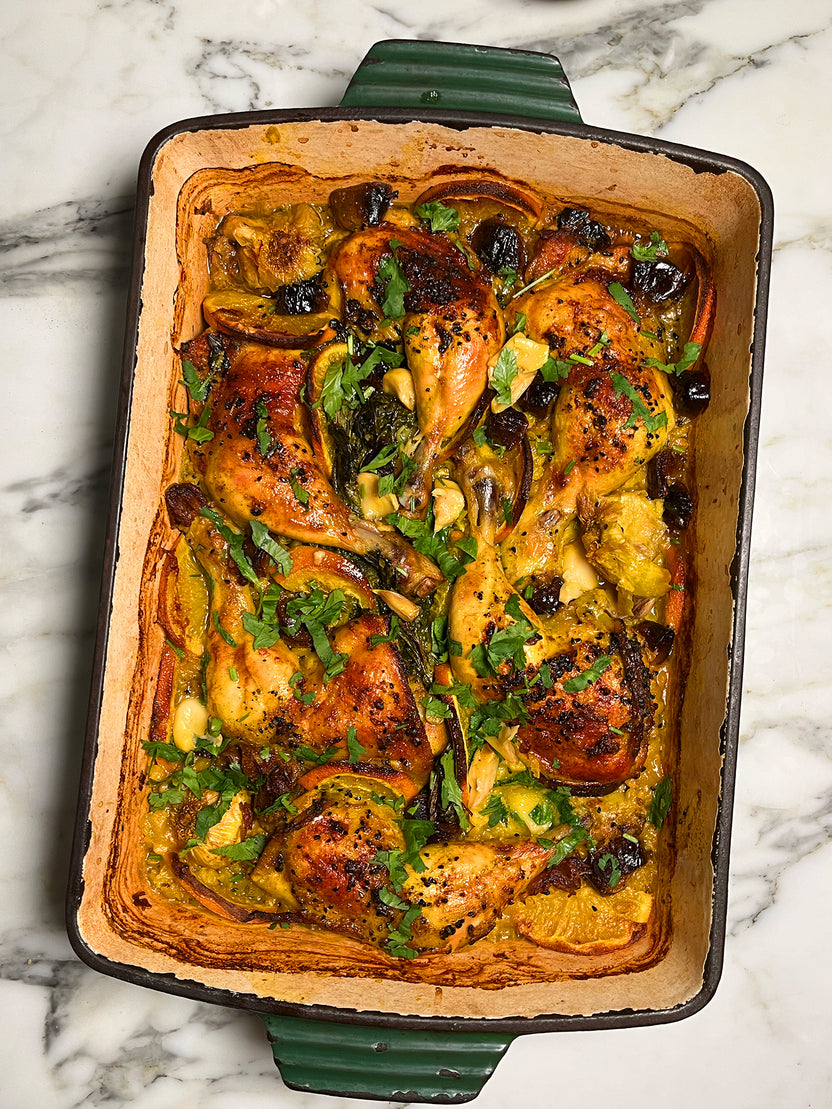 Chicken, date, orange and split pea tray bake Ottolenghi Recipes