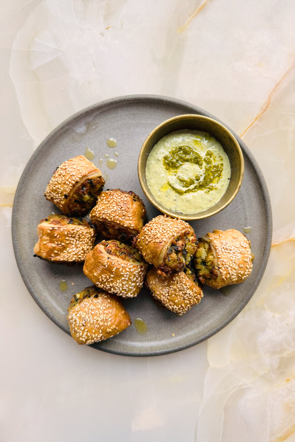 Chickpea, chard & feta puffs with green harissa