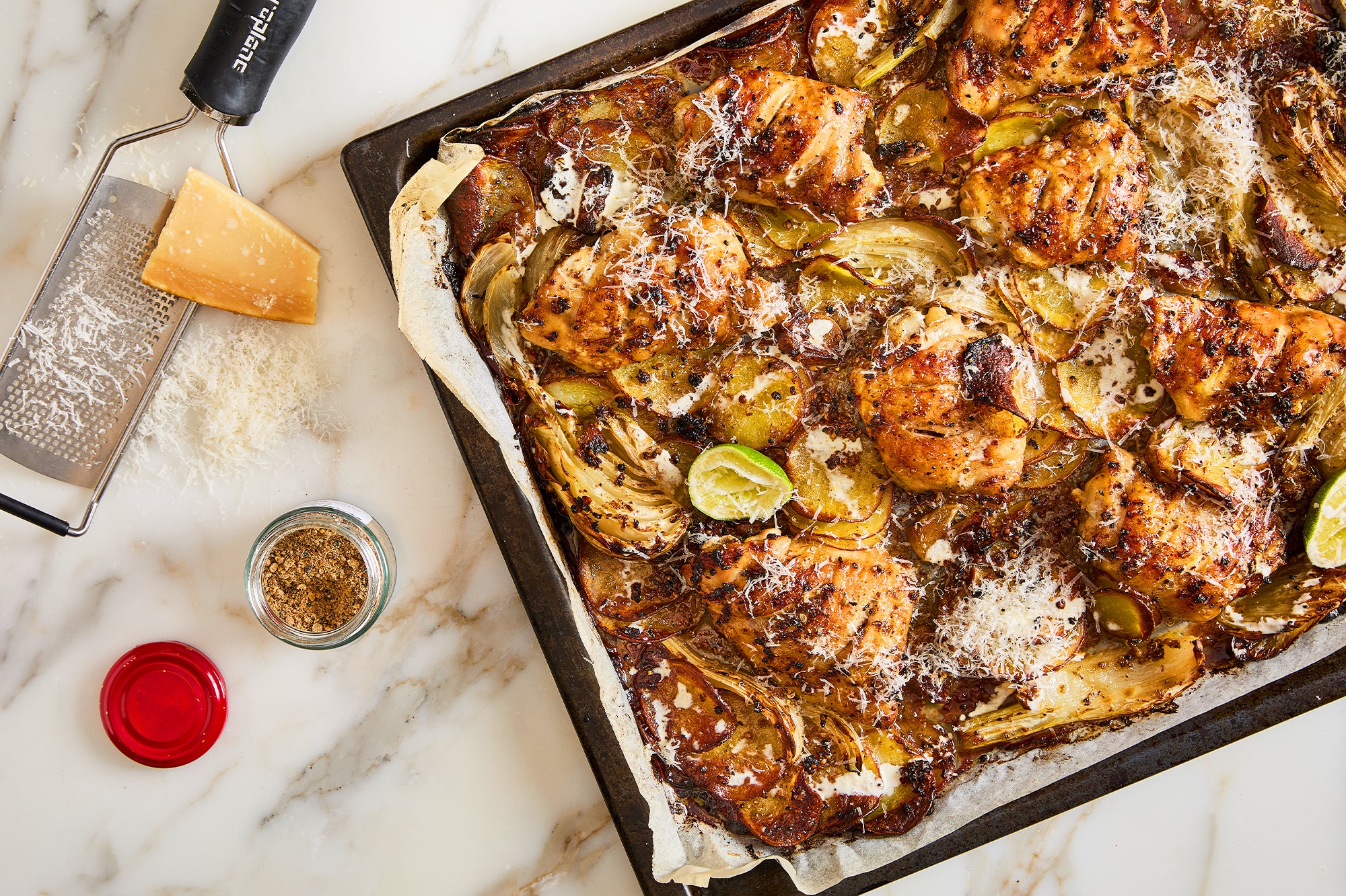 Citrusy chicken, fennel and potato tray bake