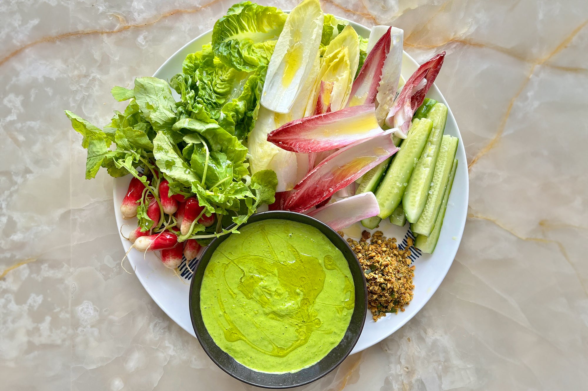 Coconut and tahini green goddess with sunflower seed dukkah