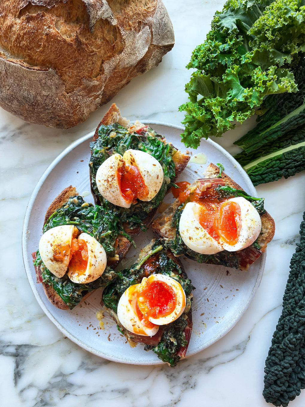 Coconut greens with scotch bonnet and jammy eggs