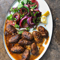 Coffee and chilli chicken koftas with onions