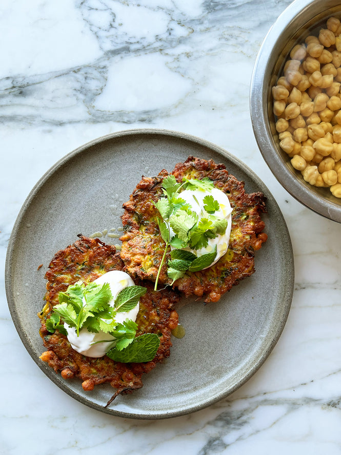 Courgette, chickpea and herb pancakes