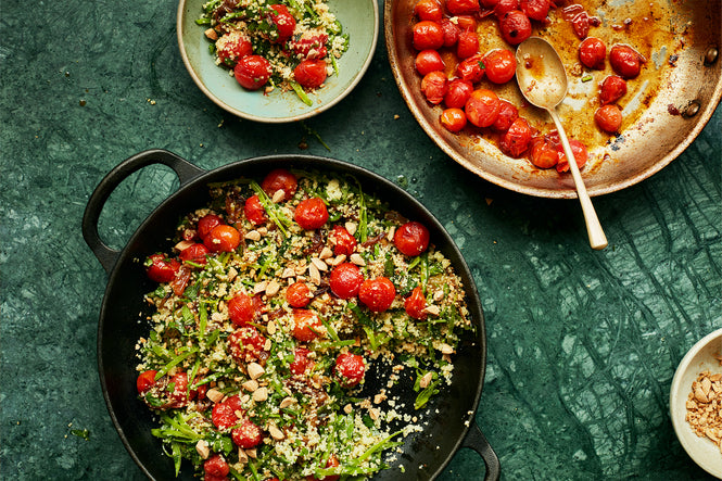 Couscous with grilled cherry tomatoes and fresh herbs