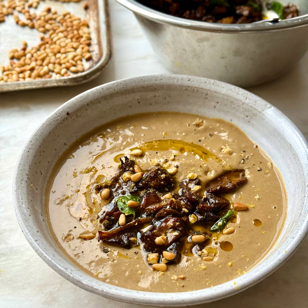 Creamy mushroom soup with sticky ras el hanout mushrooms