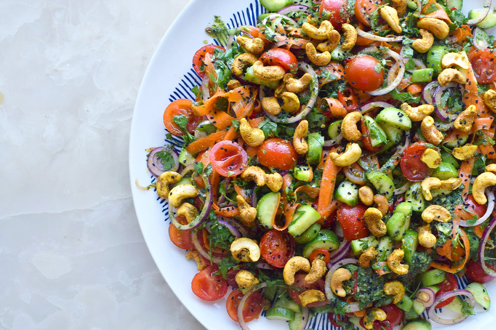 Cucumber crunch salad with curried cashews