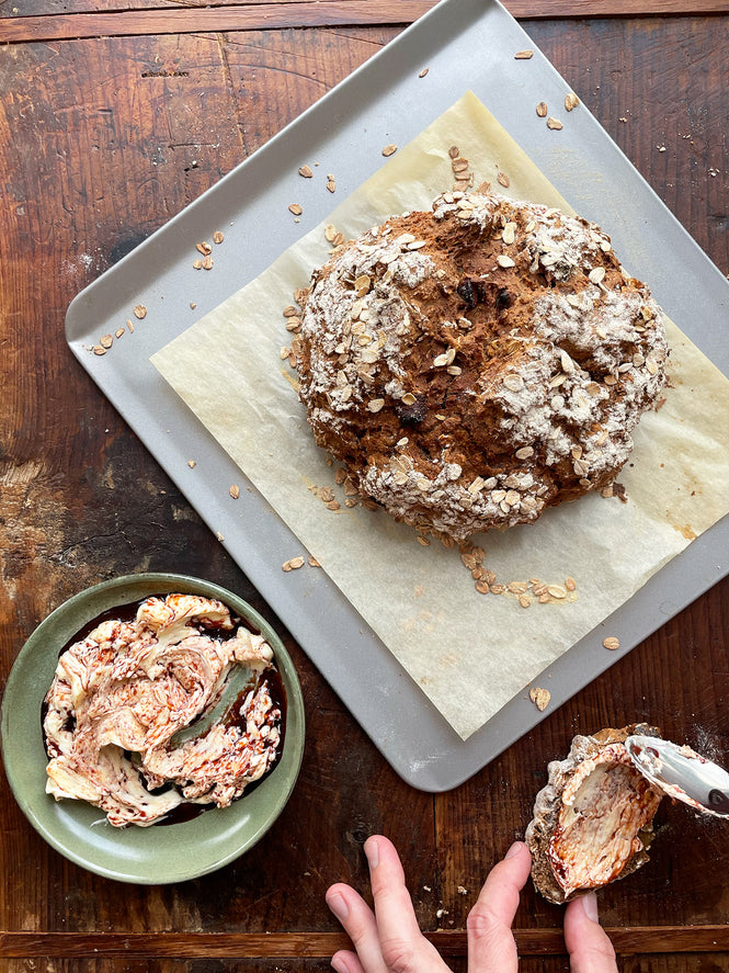 Date and oat soda bread with salted date butter