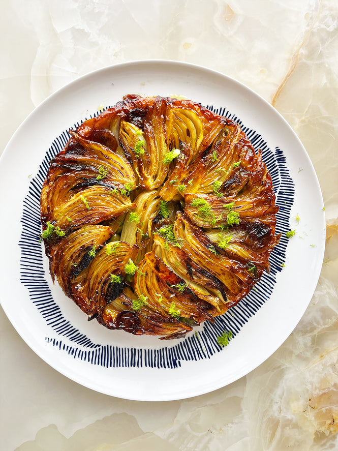 Caramelised fennel and grape tart tatin with saffron and olives