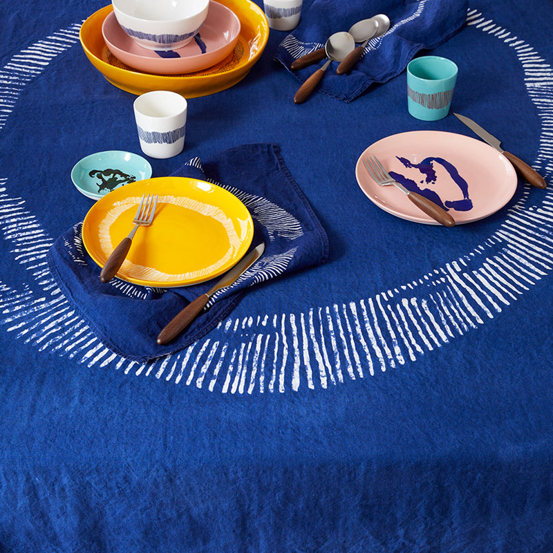 Blue Linen Tablecloth with White Stripe Print