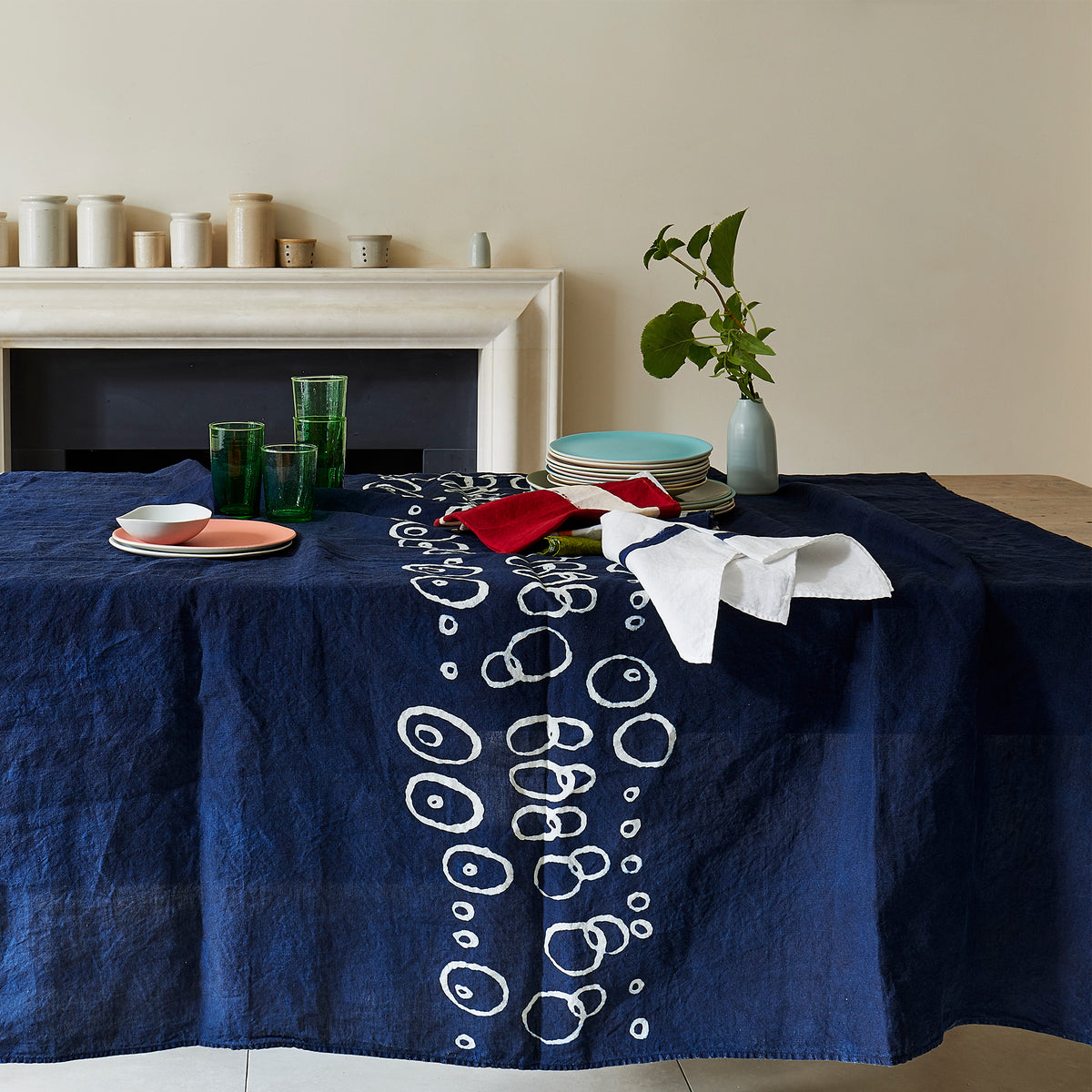 Blue Linen Tablecloth with White Print