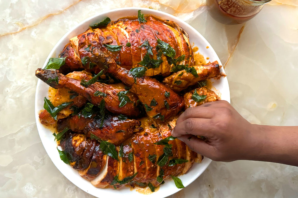 Ghee roast turkey with crispy curry leaves 