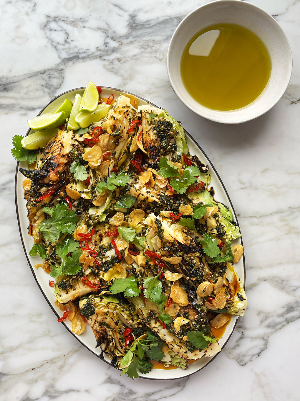 Grilled hispi cabbage with coriander, garlic, chilli and lime oil