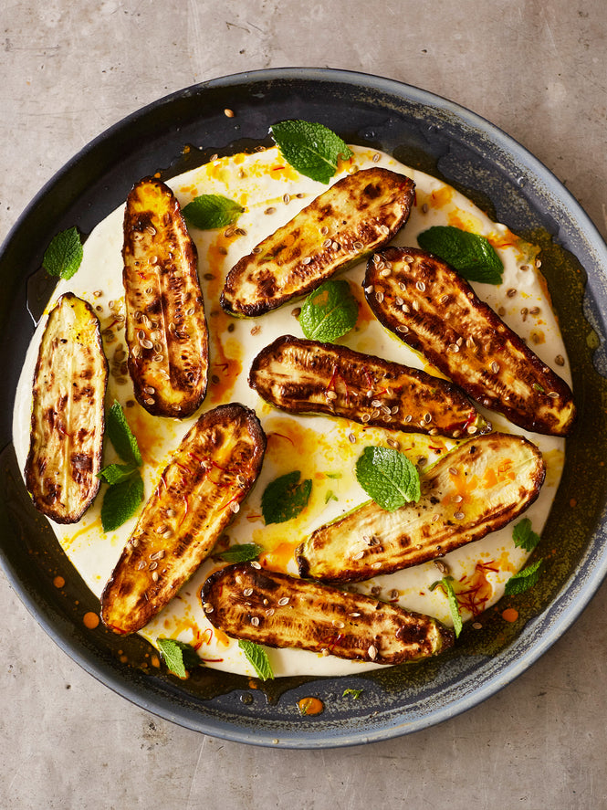 Grilled courgettes with warm yoghurt and saffron butter