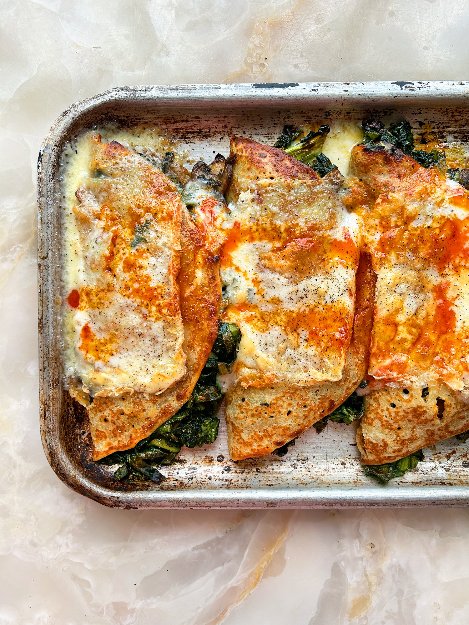 Grilled pancakes with harissa cabbage and taleggio Ottolenghi Recipe