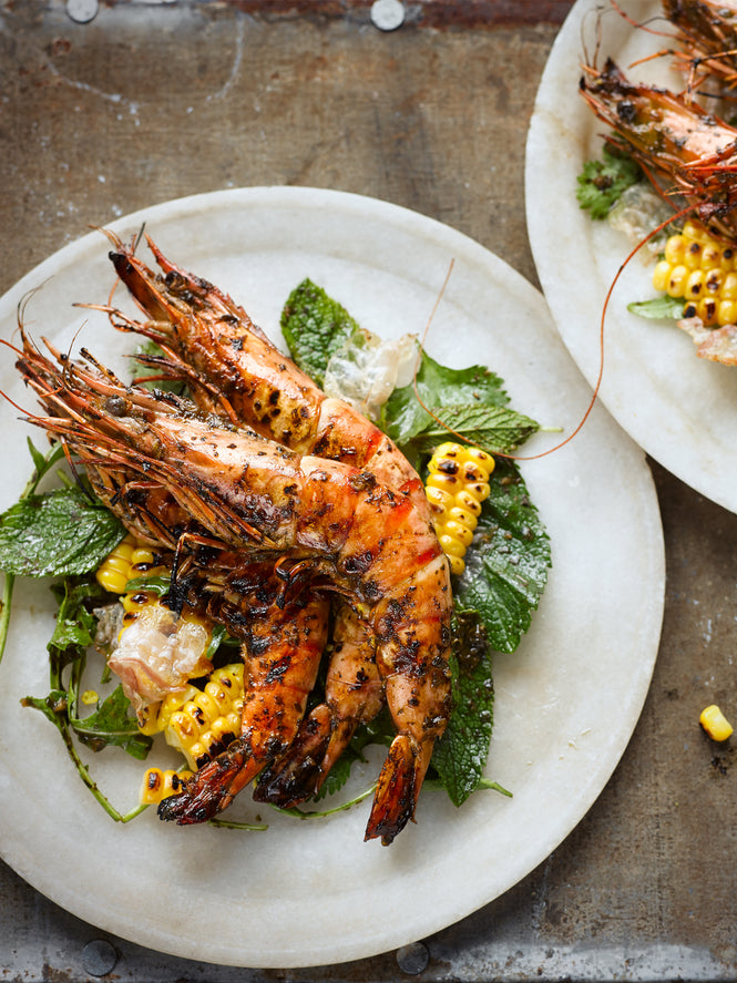 Grilled prawns and corn