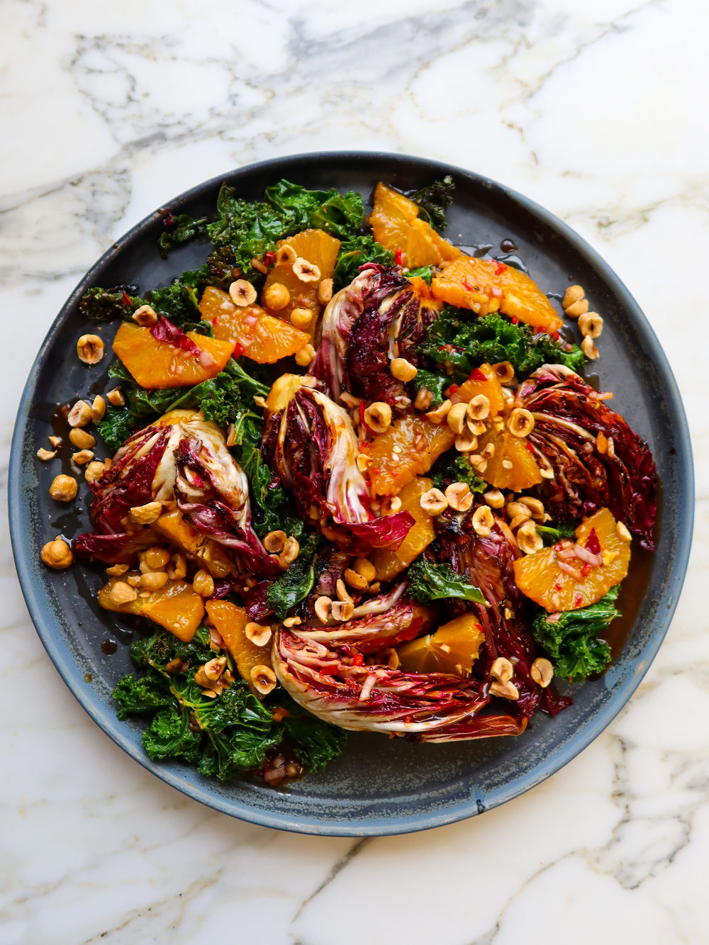 Grilled radicchio and kale salad with orange and hazelnuts