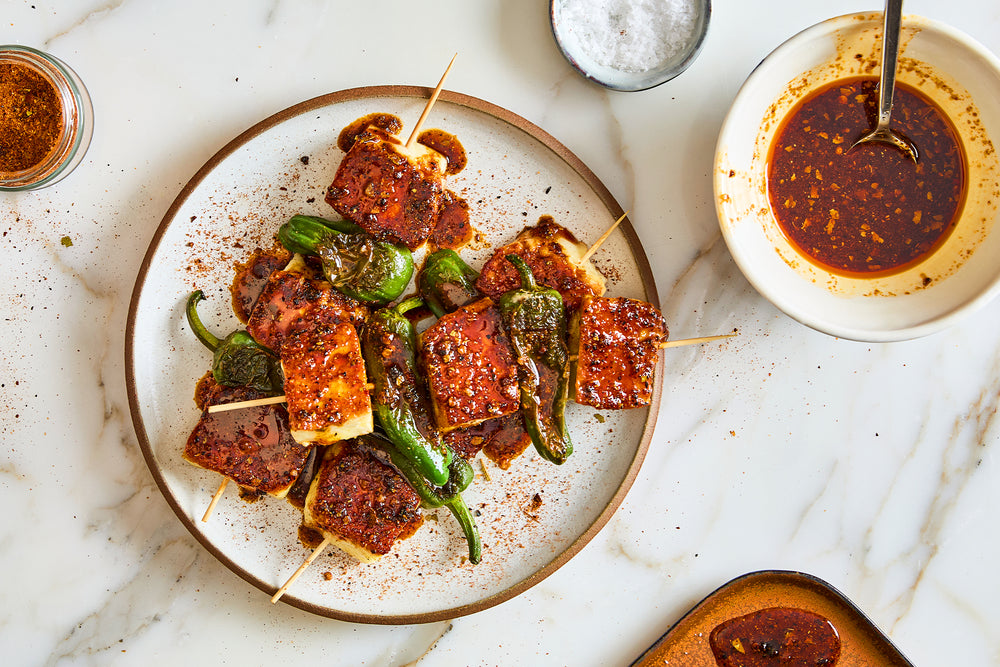 Halloumi & padron pepper skewers with sweet and smokey honey drizzle Recipe Image