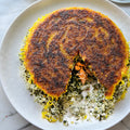 Herby tahdig with trout and preserved lemon yoghurt