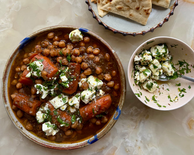 Braised chickpeas with carrots, dates and feta