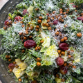 Kale and tahini caesar salad with za'atar, chickpeas and roasted grapes
