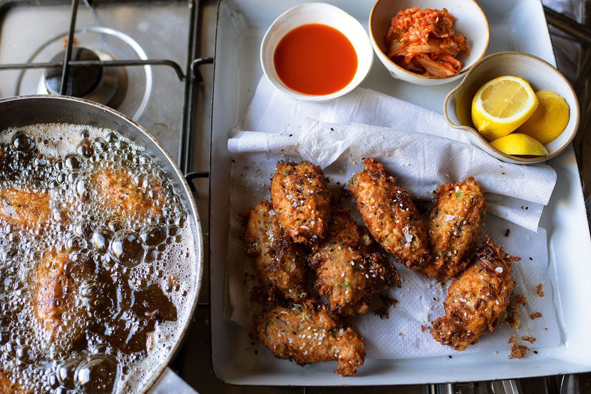 Kimchi and gruyere rice fritters