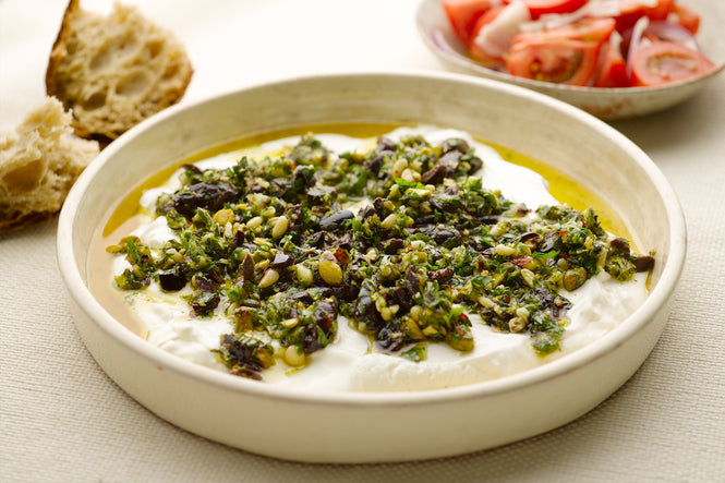 Labneh with olives, pistachios and oregano