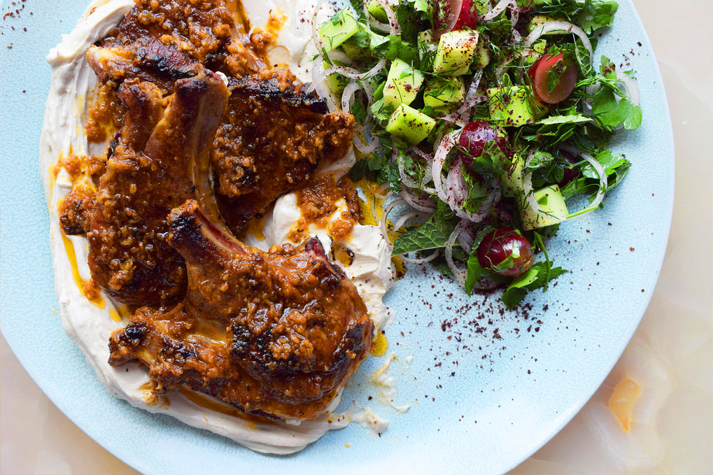 Lamb chops with pilpelchuma butter, tahini yoghurt and herb salad