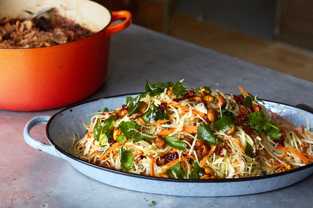 Lime and poppy seed slaw with curry leaf oil