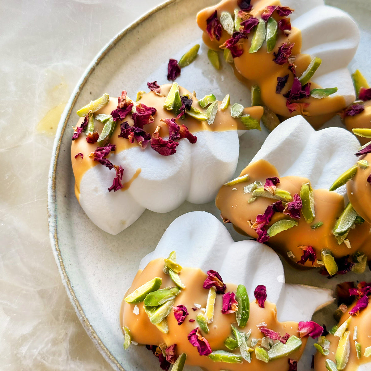 Rose Meringues with Caramelised White Chocolate