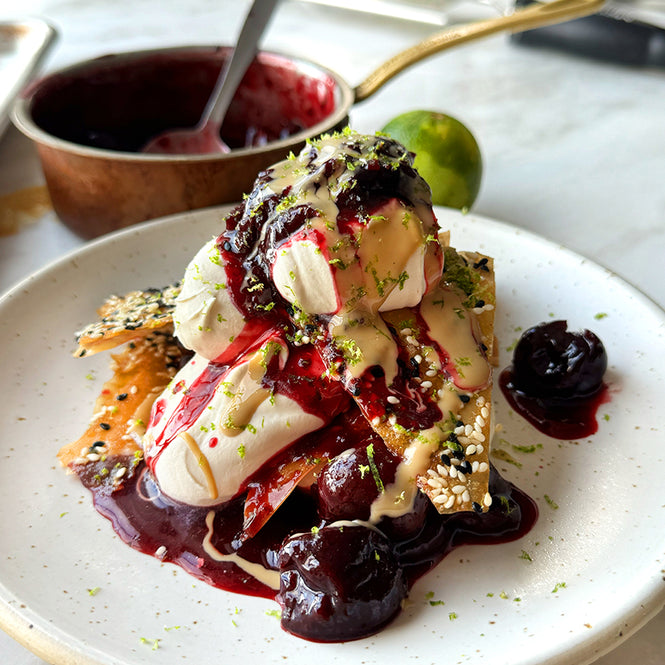 Sour cherry mess with sesame filo brittle