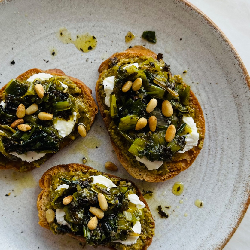 Miso pesto crostini with charred spring onion | Ottolenghi recipes
