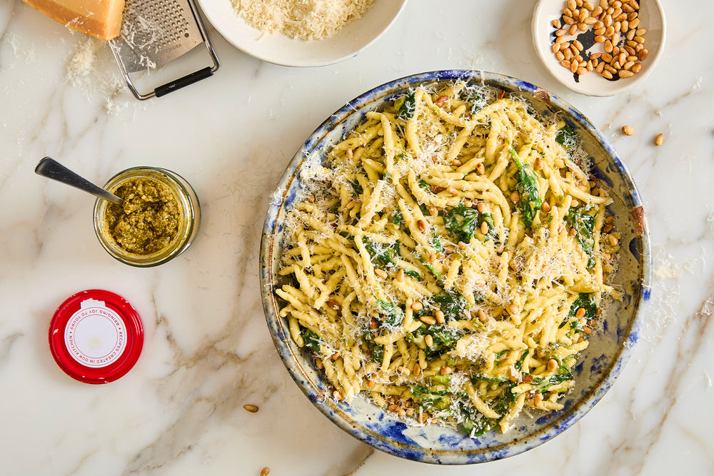 Miso pesto trofie pasta with spinach and pine nuts Recipe Image