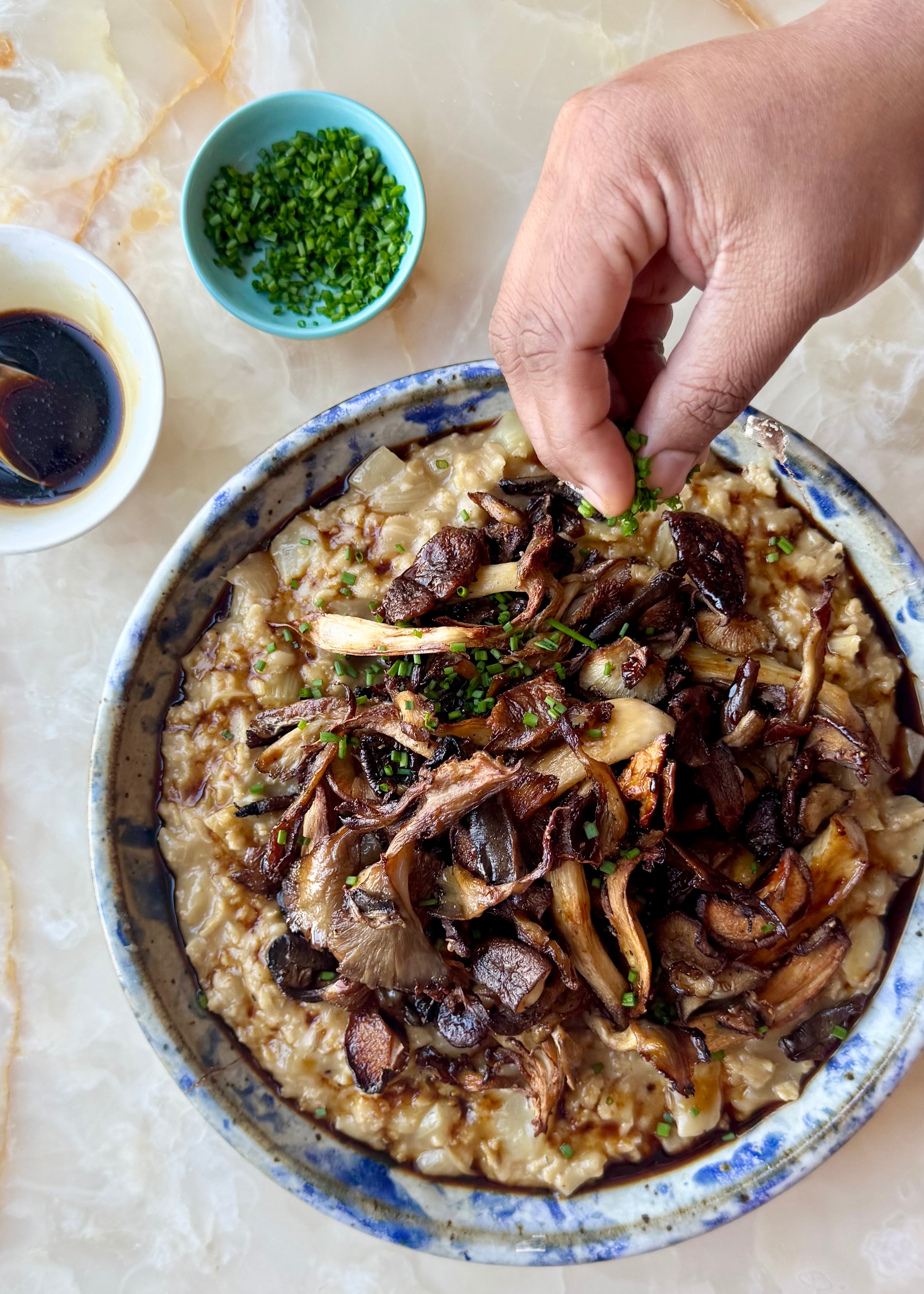 Mushroom ‘risotto’ with crispy mushrooms and Kecap Manis drizzle