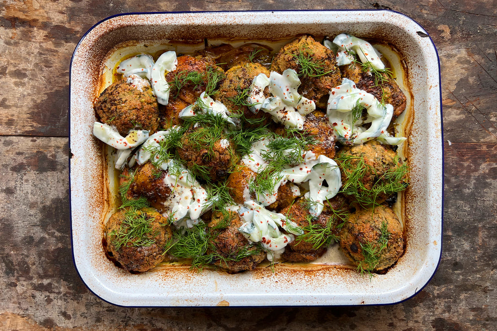 One pan chicken and bulgur dumplings with cucumber yoghurt