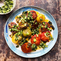 Pan fried tomatoes with cucumber salsa