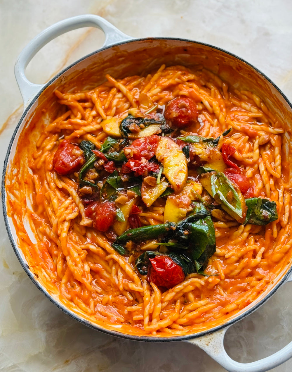 Roasted peach, tomato and miso pasta