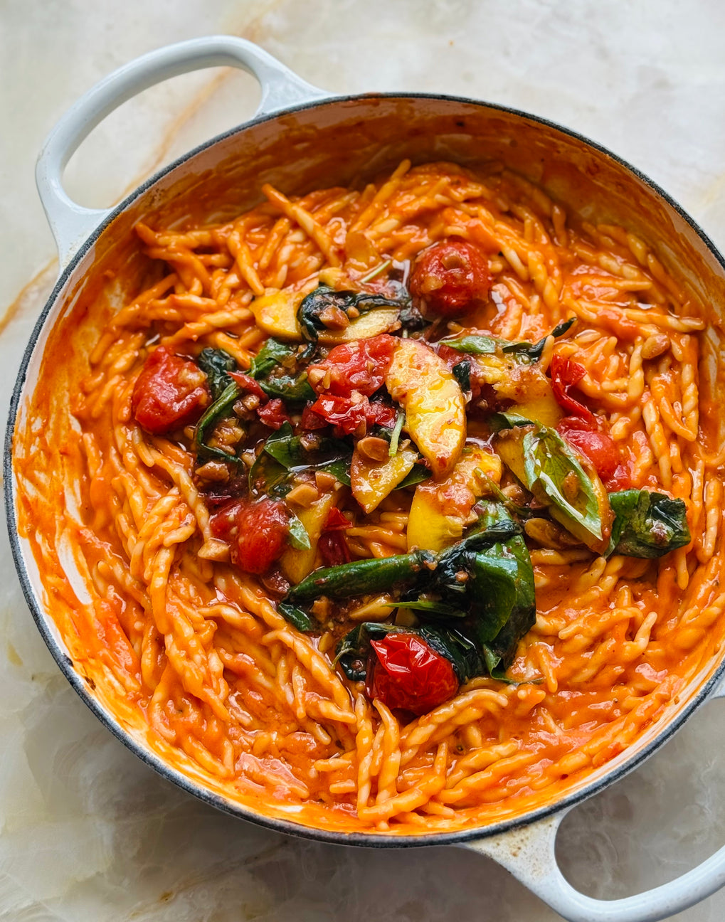 Roasted peach, tomato and miso pasta