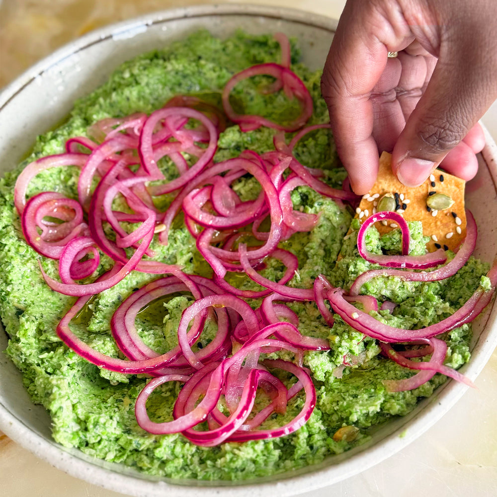 Pea and artichoke dip with pickled onions