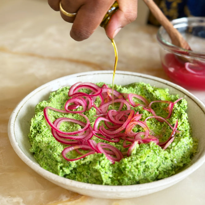 Pea and artichoke dip with pickled onions