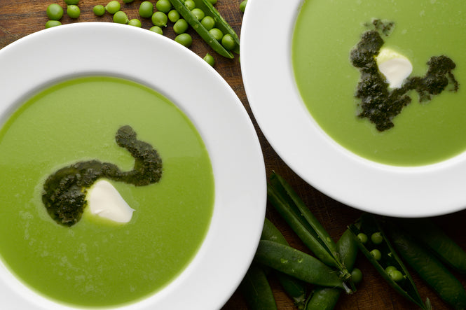 Pea and leek soup with basil oil