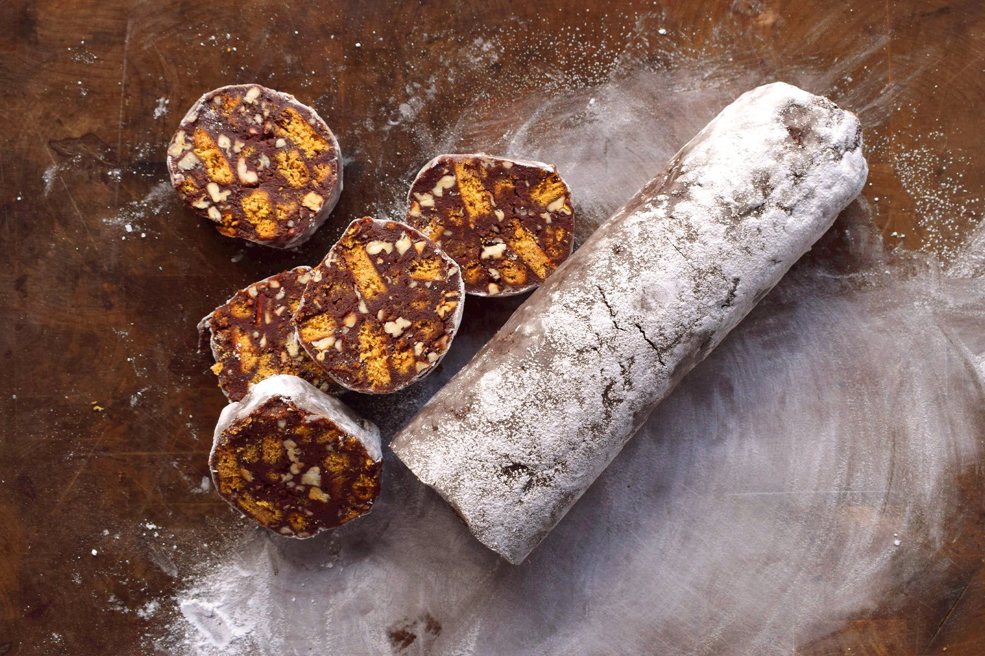 Pecan and gingernut chocolate salami