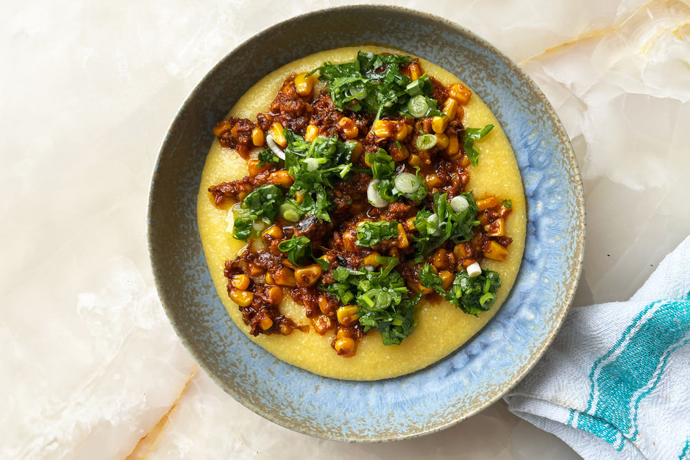 Polenta with sardines and coriander salsa