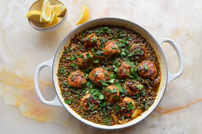Pork and fennel meatballs with braised lentils