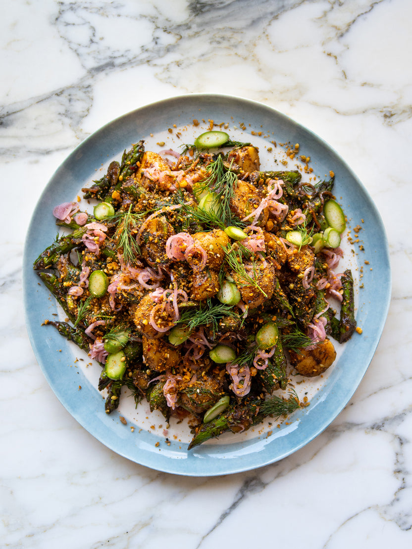 Potato & asparagus salad, black garlic & dukkah Ottolenghi Recipe