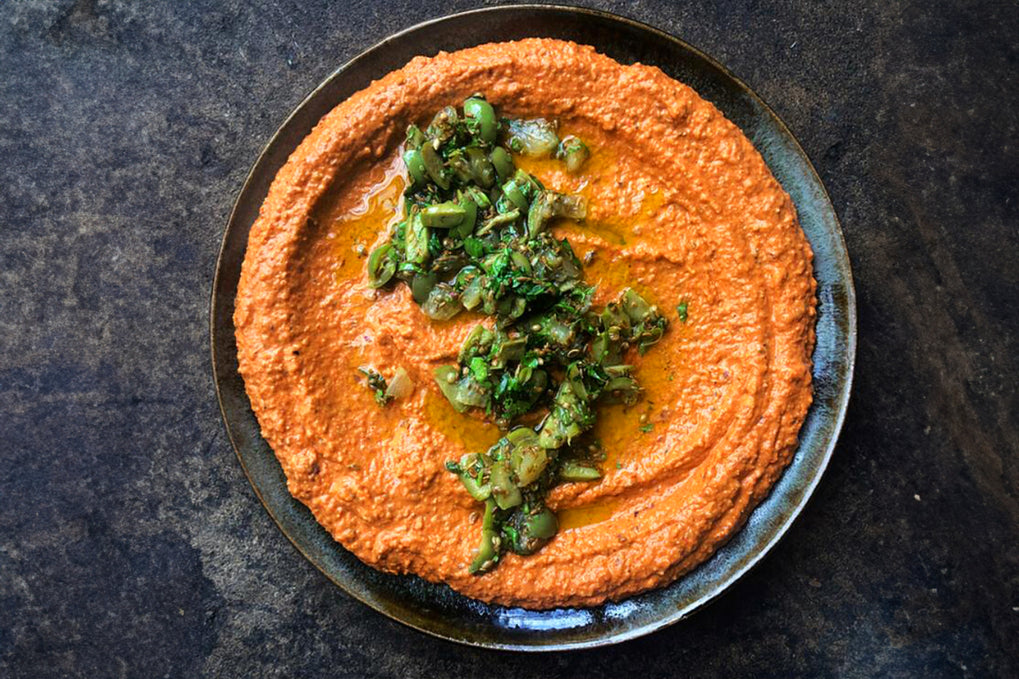 Roast red pepper dip with lemon and olive salsa