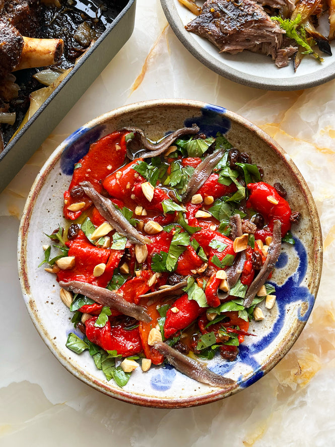 Roast red pepper salad with anchovies and almonds