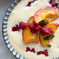 Roast peaches with makrut lime leaves, sabayon and raspberries